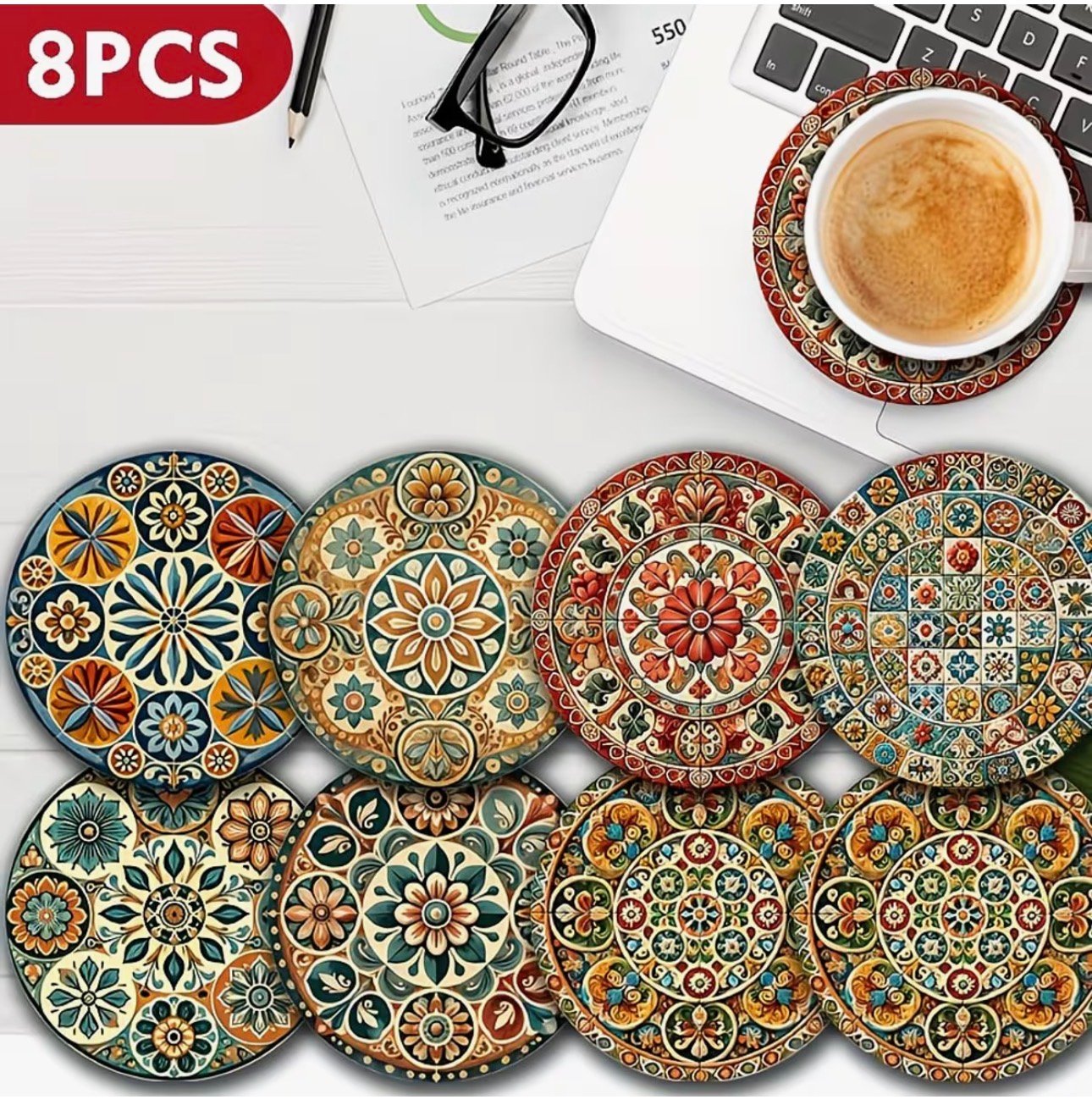 POSAVASOS MADERA MANDALA COLORES AZULADOS Y VERDOSOS