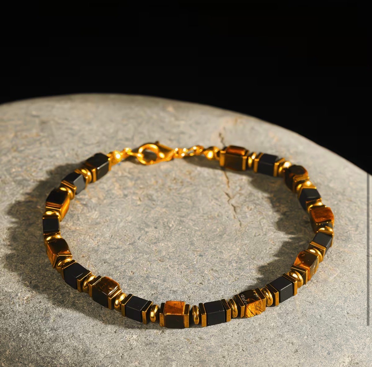 PULSERA CUARZO CUADRADO Y DORADO OJO DE TIGRE Y OBSIDIANA - Imagen 2