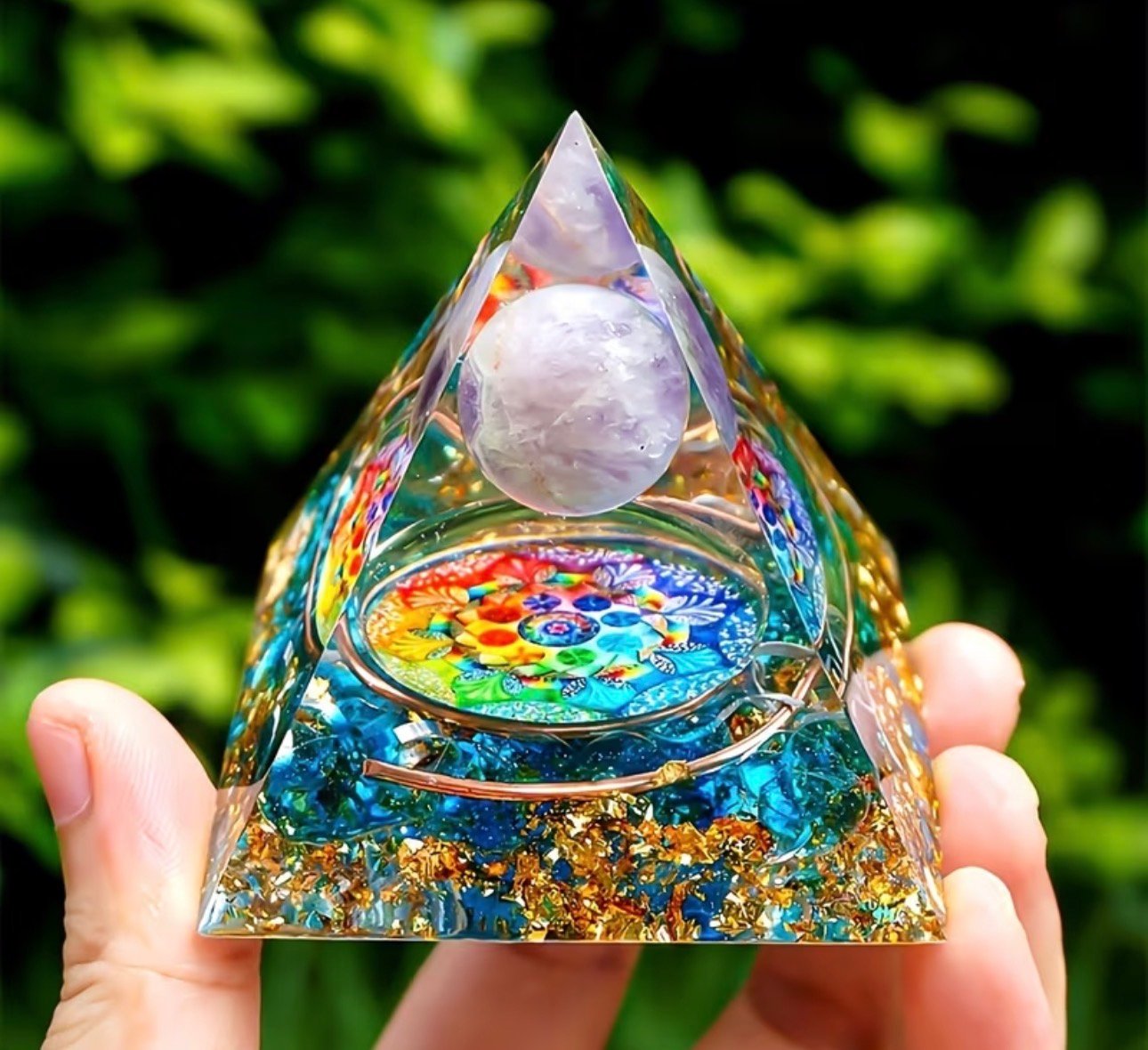PIRAMIDE SIETE CHAKRAS CON BOLA DE AMATISTA