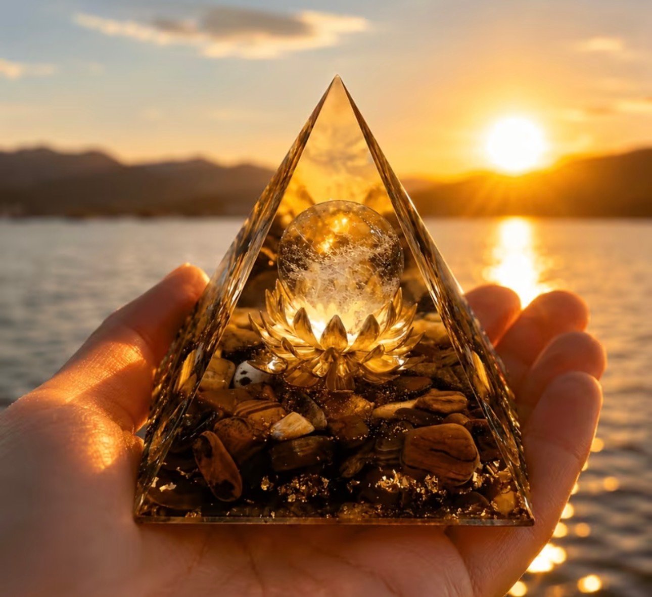 PIRAMIDE ORGONITA DORADO FLOR LOTO