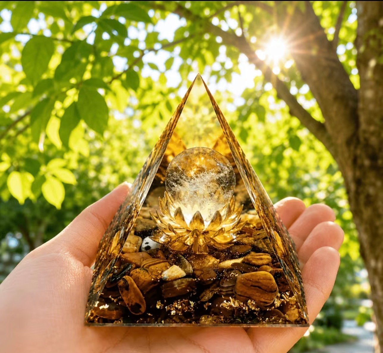 PIRAMIDE ORGONITA DORADO FLOR LOTO - Imagen 2