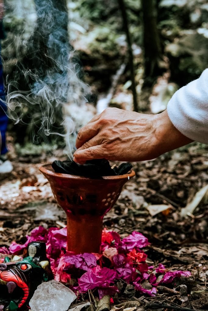 A hand placing incense into a burner surrounded by vibrant flowers in a serene forest setting.